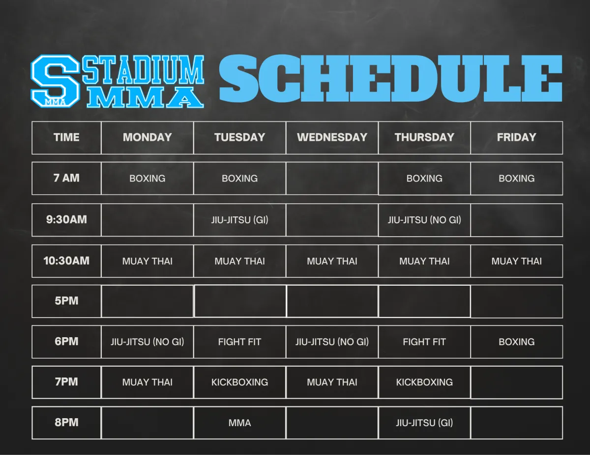 A weekly timetable (Monday through Friday) for Stadium MMA in Port Orange, Florida, listing various martial arts classes—Jiujitsu (Gi and No-Gi), Muay Thai, kickboxing, and kids' sessions