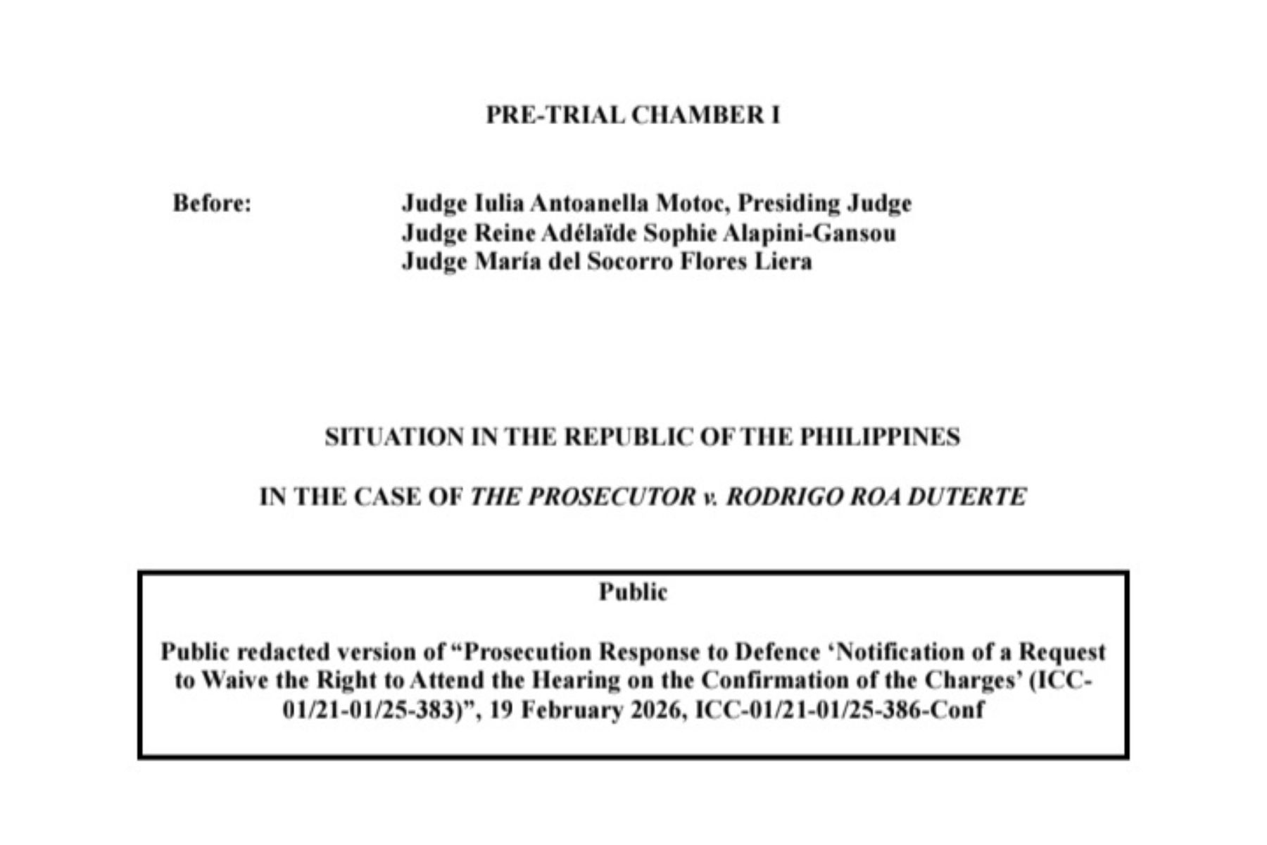 Prosecutor Asks ICC Judges To Deny Duterte's Request to Waive Appearance In The Confirmation Of Charges