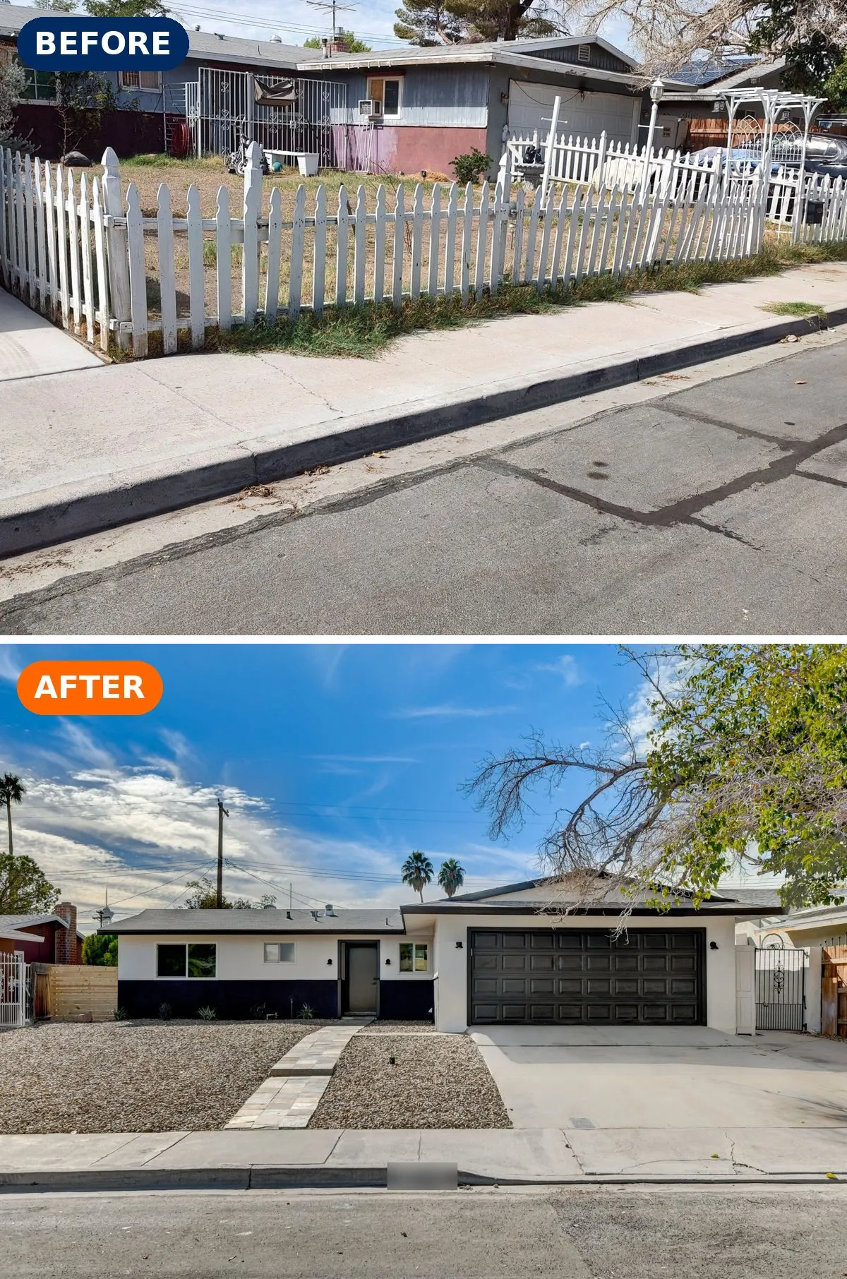 Exterior before and after renovation in Rancho Manor, Las Vegas