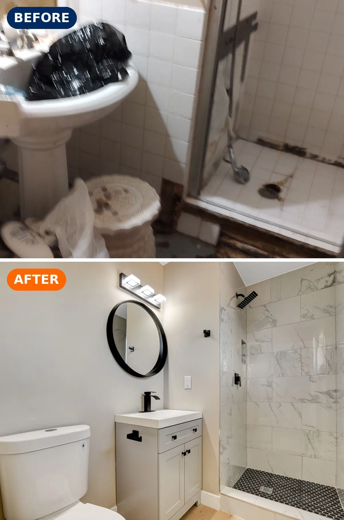 Bathroom before and after renovation in Rancho Manor, Las Vegas