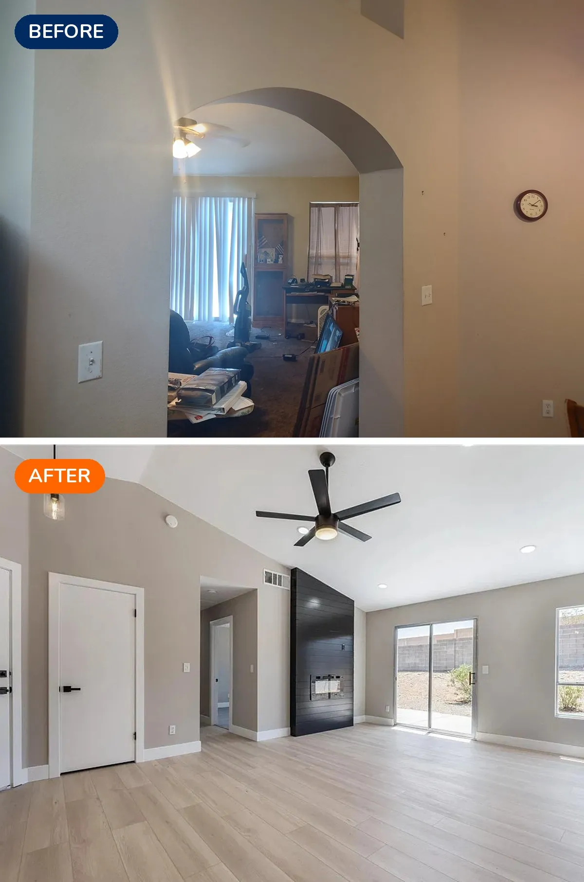 East Henderson living room before and after renovation