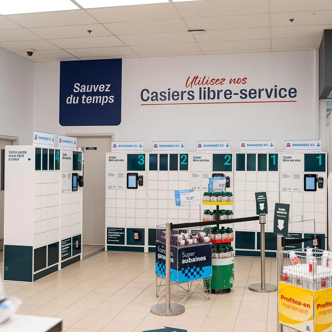 Zone libre-service Jean Coutu avec casiers intelligents Sir Steward et panneau « Sauvez du temps »