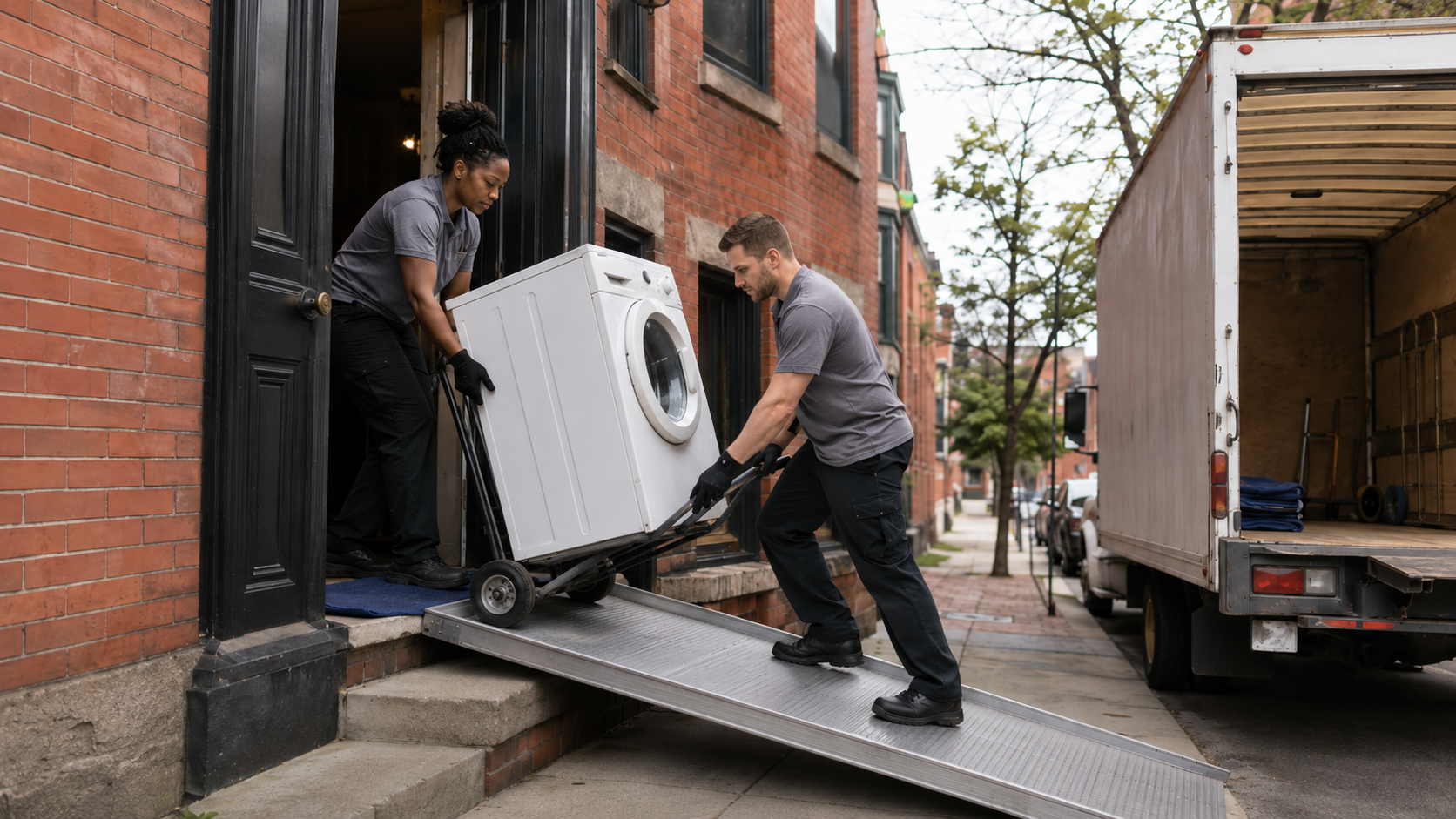 Professional appliance donation pickup crew removing a working appliance in Boston