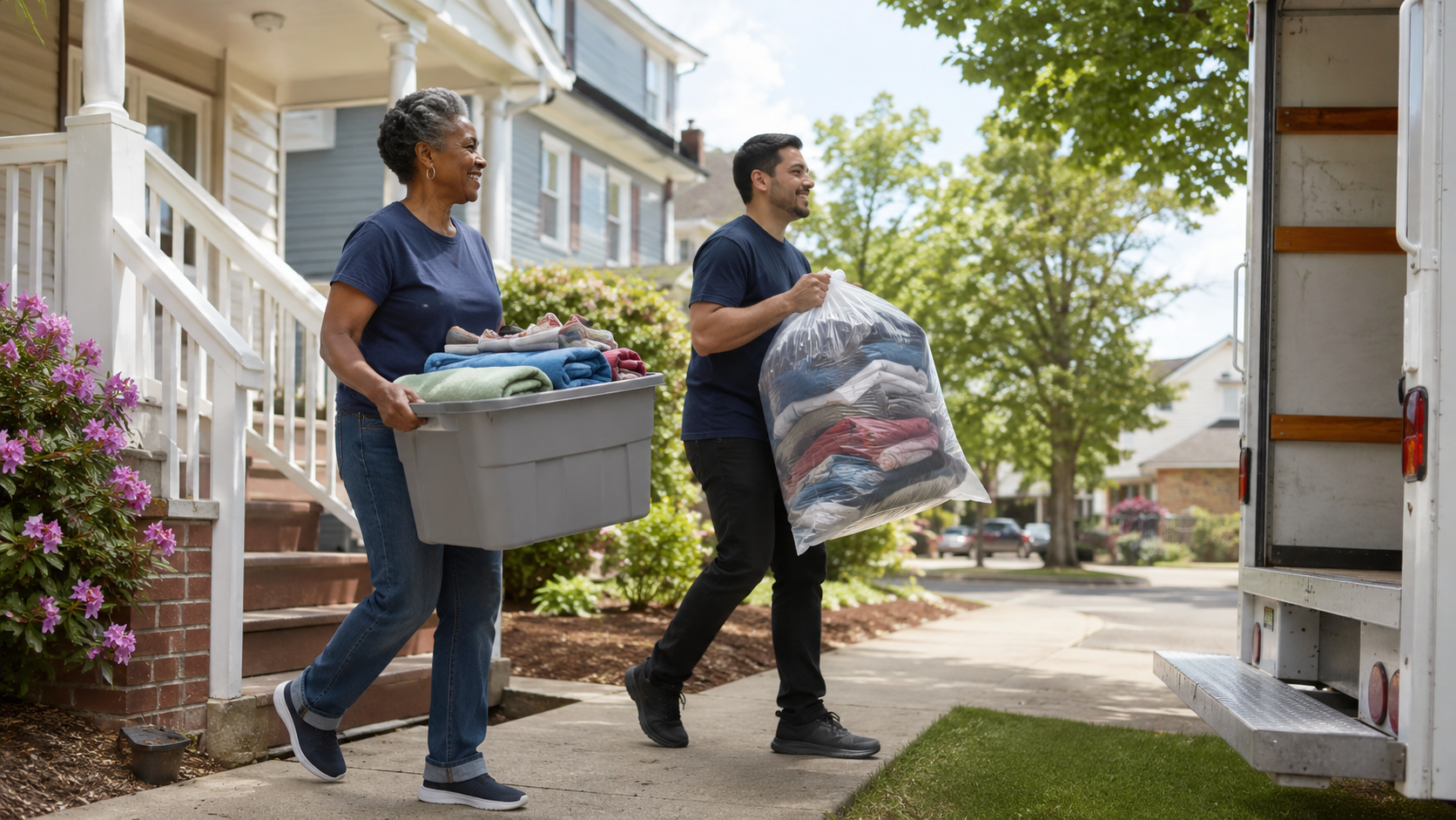 Friendly crew collecting organized clothing donations from a Boston home