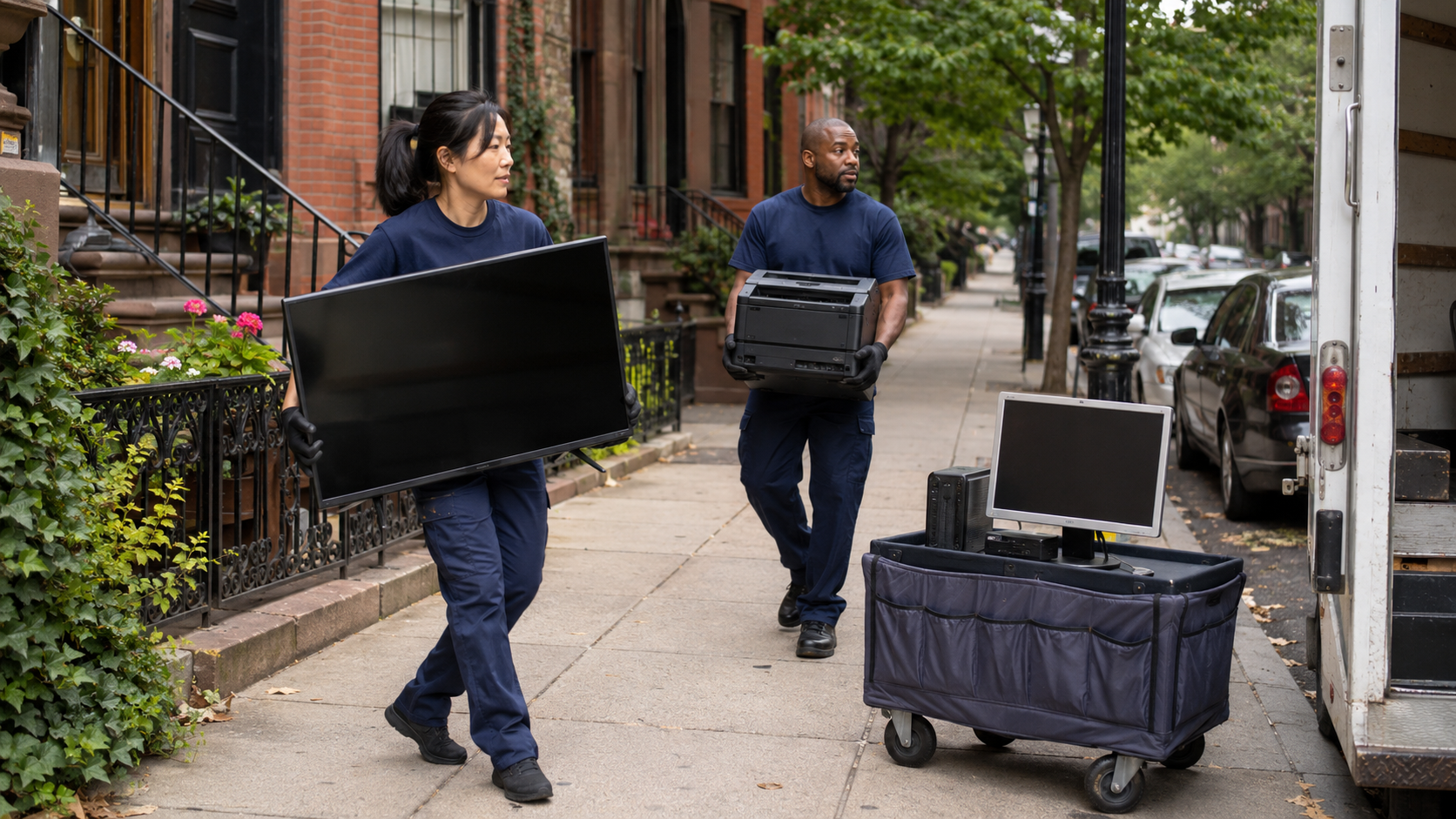 Boston electronics donation pickup crew collecting reusable computers and televisions