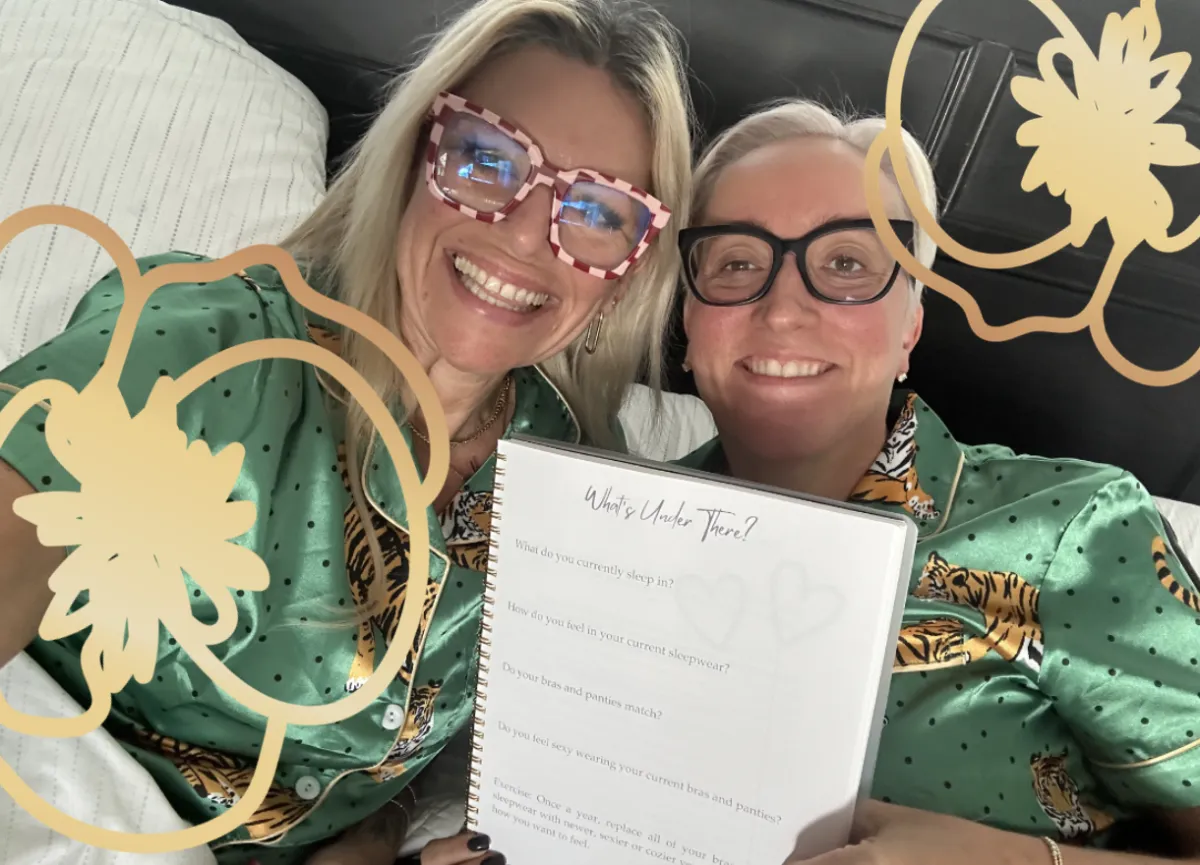 Two women smiling together while holding a worksheet, with decorative poppy graphics overlaid on the image.