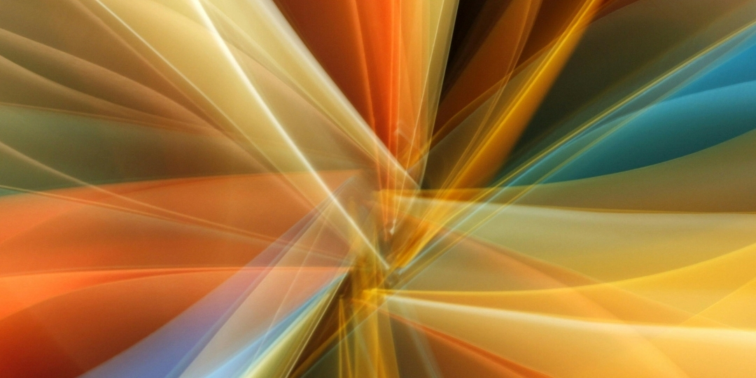 Abstract background with flowing, layered light streaks in warm tones of orange, gold, and blue.