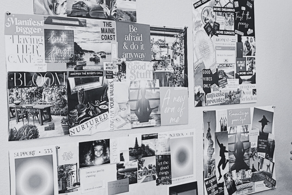 Black-and-white collage wall filled with inspirational quotes, photos, and magazine clippings arranged creatively.
