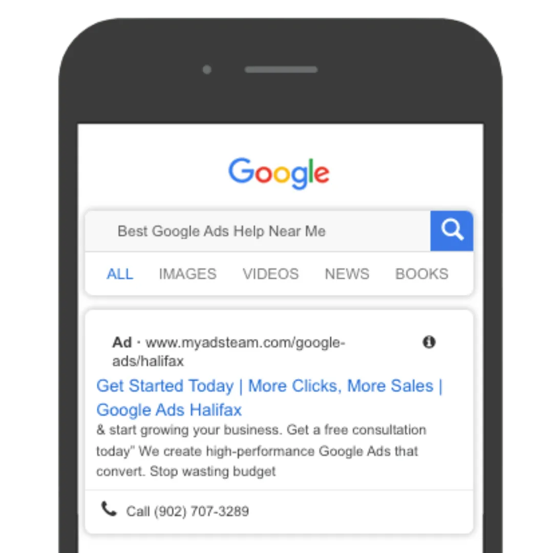 Google Ad displayed on a smartphone, representing targeted advertising that reaches customers actively searching for your services