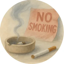 A cigarette in an ashtray and a ‘No Smoking’ sign — representing Piers Day’s online hypnotherapy program to help people quit smoking or vaping across the UK