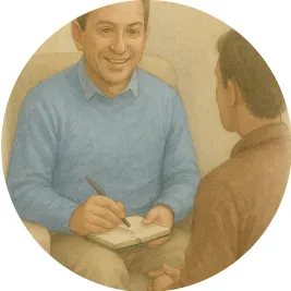 A therapist smiling and taking notes during a session, representing online speech therapy for stuttering, stammers, and communication confidence with Piers Day