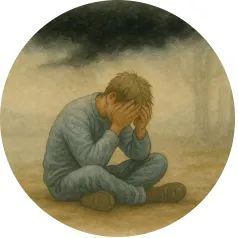 A man sitting on the ground with his head in his hands beneath a dark cloud — symbolising trauma, fear, and phobia gently addressed through hypnotherapy with Piers Day