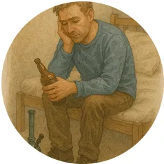 A man sitting on a bed holding a bottle, surrounded by pills and drug paraphernalia — representing addiction, dependence, and the need for supportive habit change through hypnotherapy with Piers Day