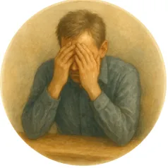 A man sitting with his head in his hands, surrounded by soft light — symbolising the emotional weight of grief and the gentle support available through hypnotherapy with Piers Day