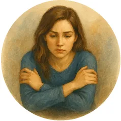 A young woman sitting with her arms crossed and eyes downcast — representing quiet, unspoken personal struggles supported through compassionate hypnotherapy with Piers Day