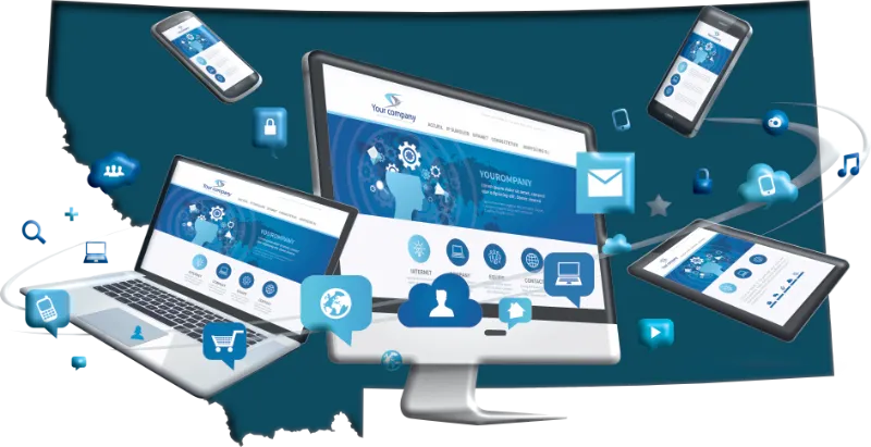 Computer and devices showing a marketing interface on top of the state of Montana