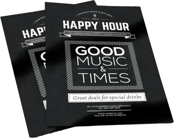Custom printed event lyers on black stock with metallic embossing