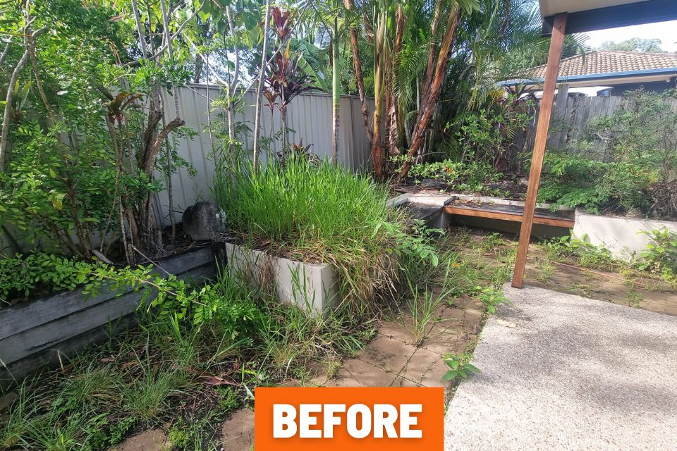 Weeds growing through pavers before garden clean-up in Buderim