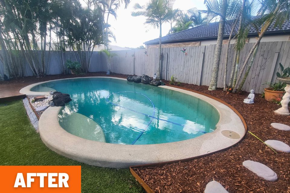 case study garden cleanup pool side with fresh mulch and stepping stones