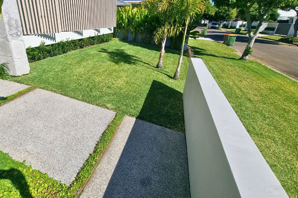 Sharp lawn edging around concrete paths and garden beds