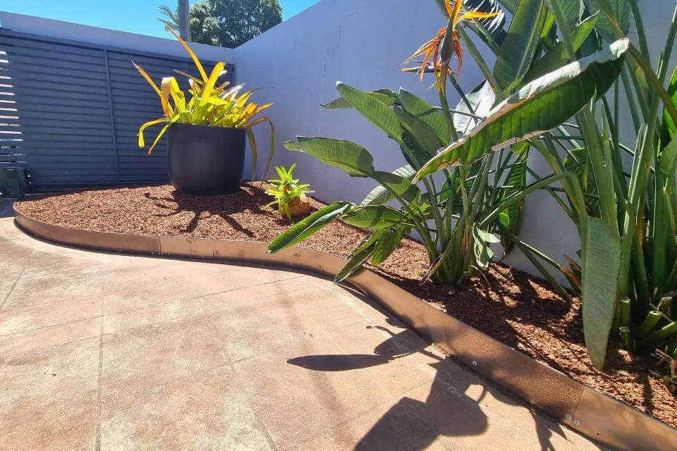 Curved steel garden edging with fresh mulch and established tropical plants