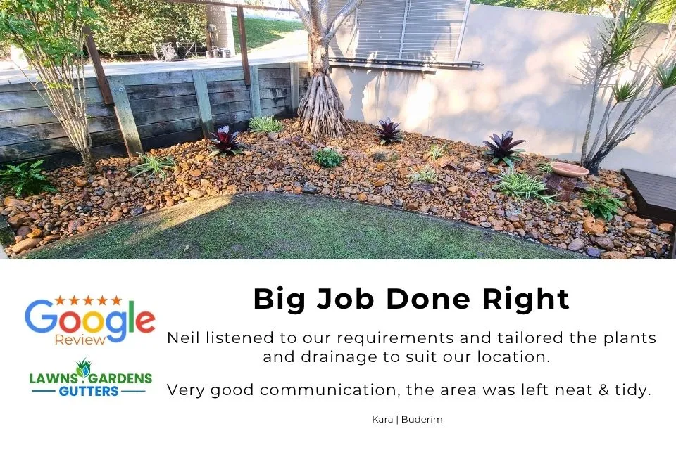 Buderim low-maintenance rock garden with tailored planting and drainage