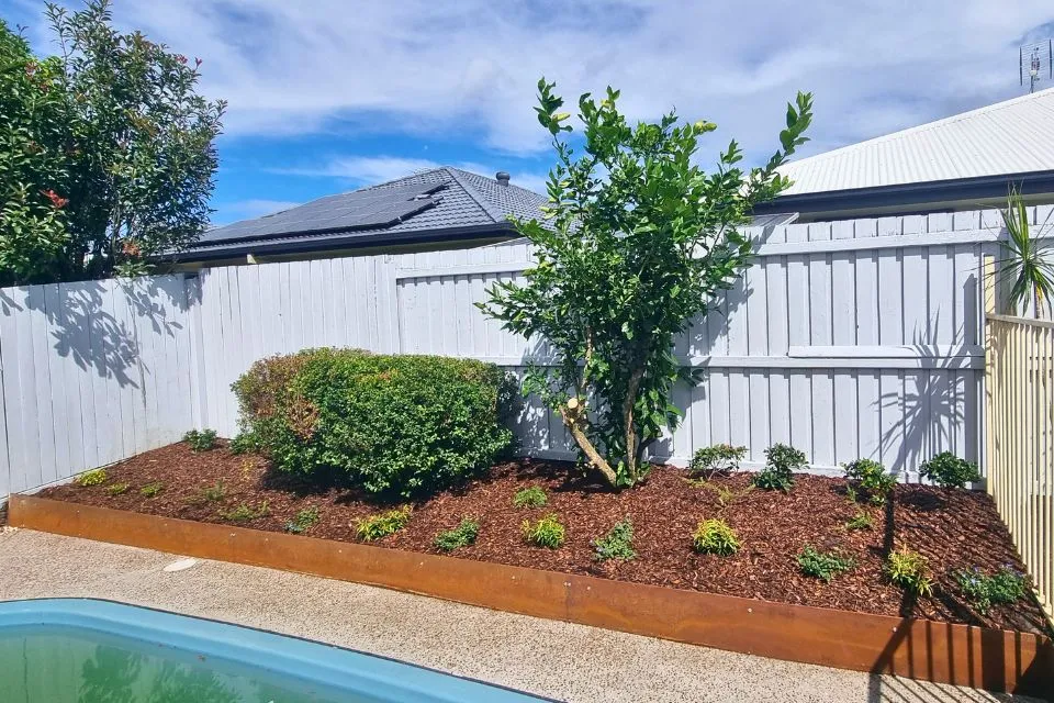 Low-maintenance poolside garden bed in Sippy Downs with Corten steel edging, weed mat, and fresh mulch