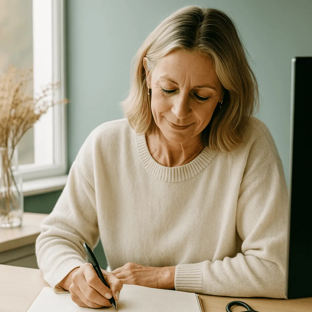 lady smiling, sat at a table, writing in a journal