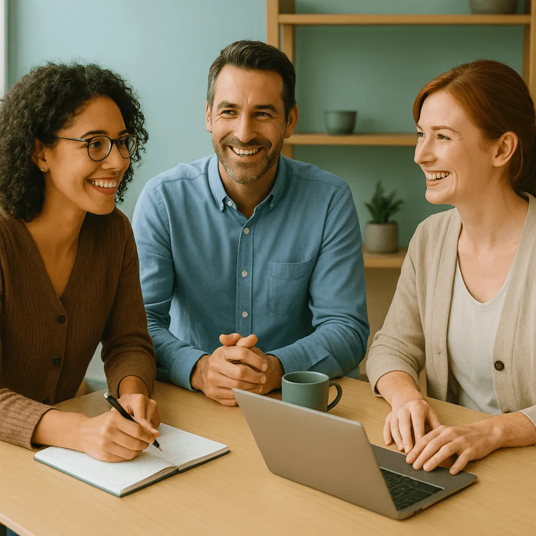 Man at a wooden table, smiling with bowls of healthy food on the table