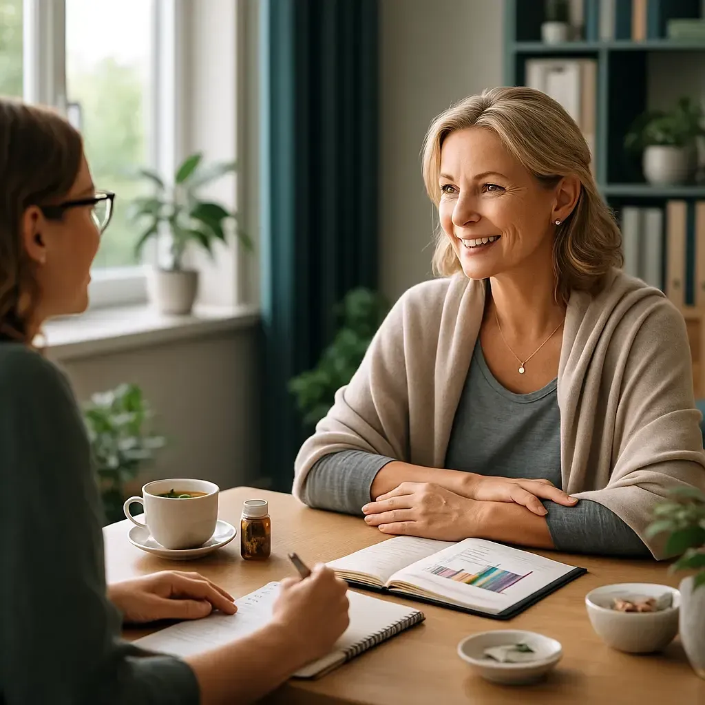 2 woman sat at a desk, facing each other and smiling.