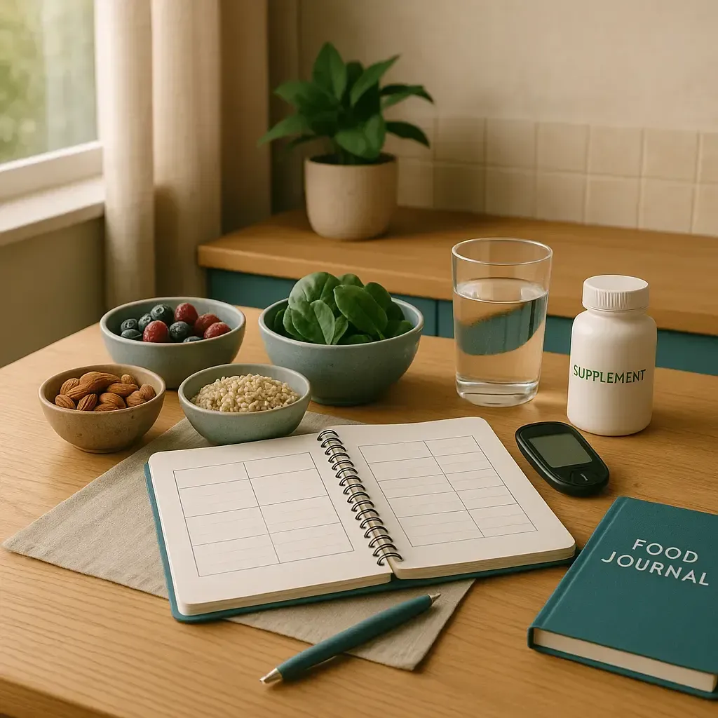 A food journal open on a wooden table with water and bowls of berries and nuts