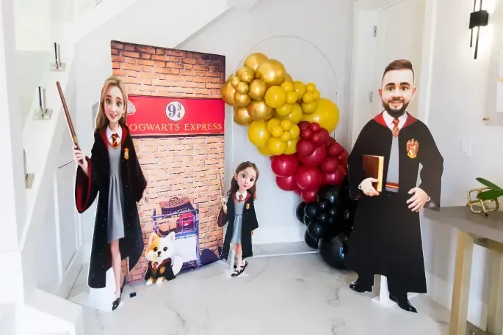 Harry Potter boys birthday party with Hogwarts inspired backdrop and props Wizard themed birthday décor with characters and magical elements