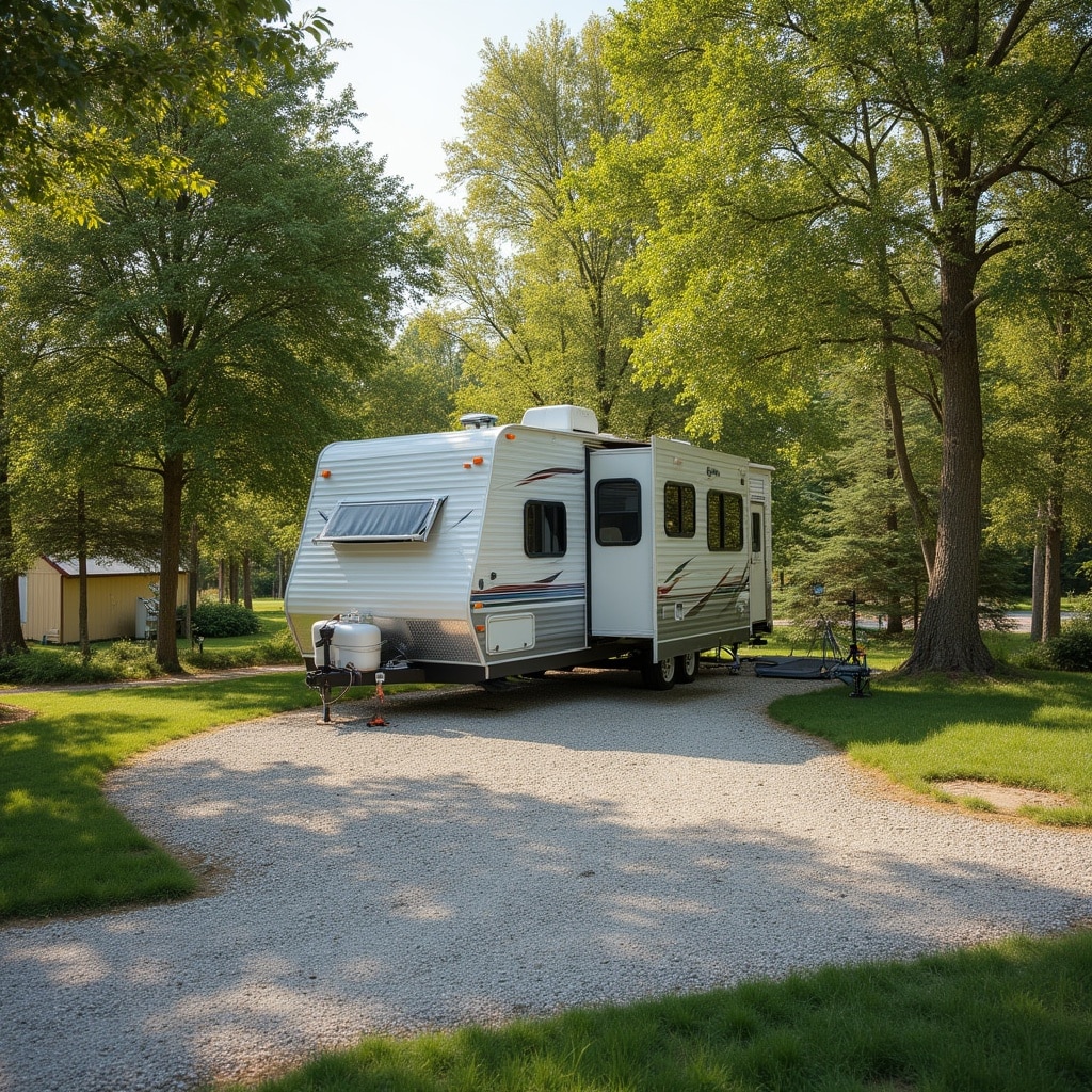 A white travel trailer RV parked on a curved gravel driveway, surrounded by bright green grass and large mature trees