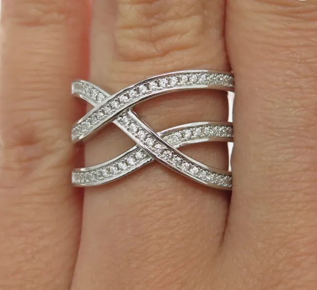 925 Sterling Silver Round-Cut Cubic Zirconia Crisscross Ring | Size 7.25 – Image 1