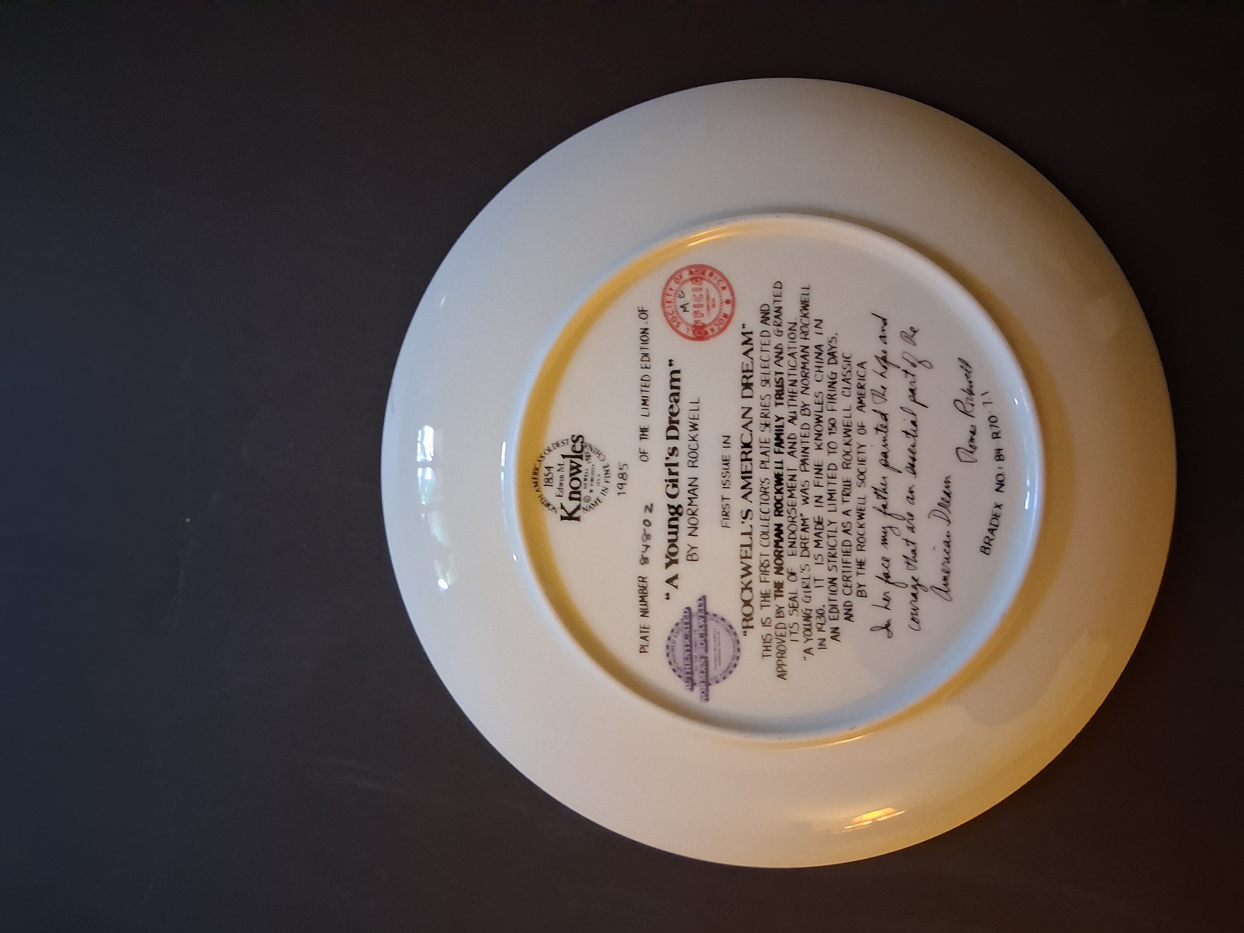 1985 Edwin M. Knowles "A Young Girl's Dream" Collector Plate | Norman Rockwell American Dream Series | Complete with COA – Image 2