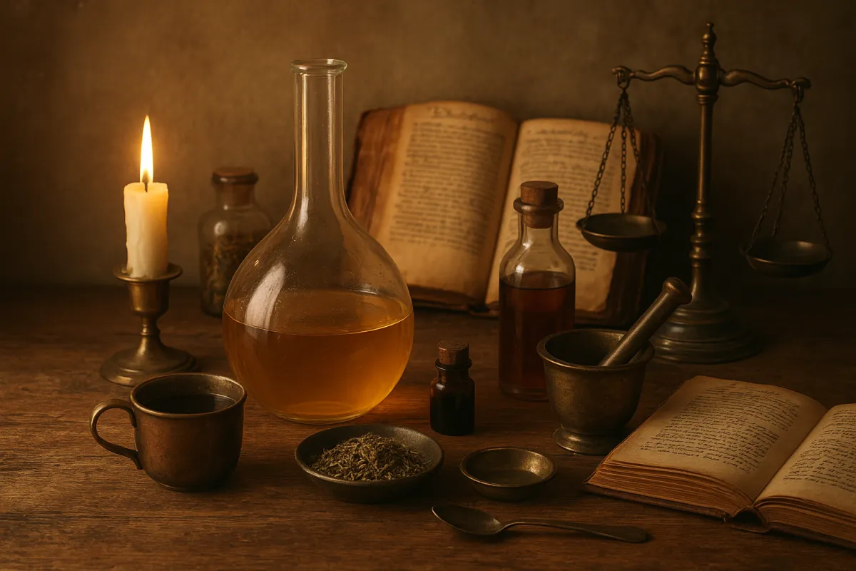 Sacred café table with tea, candles, crystals, and drum — representing the Alchemy Café laboratory.