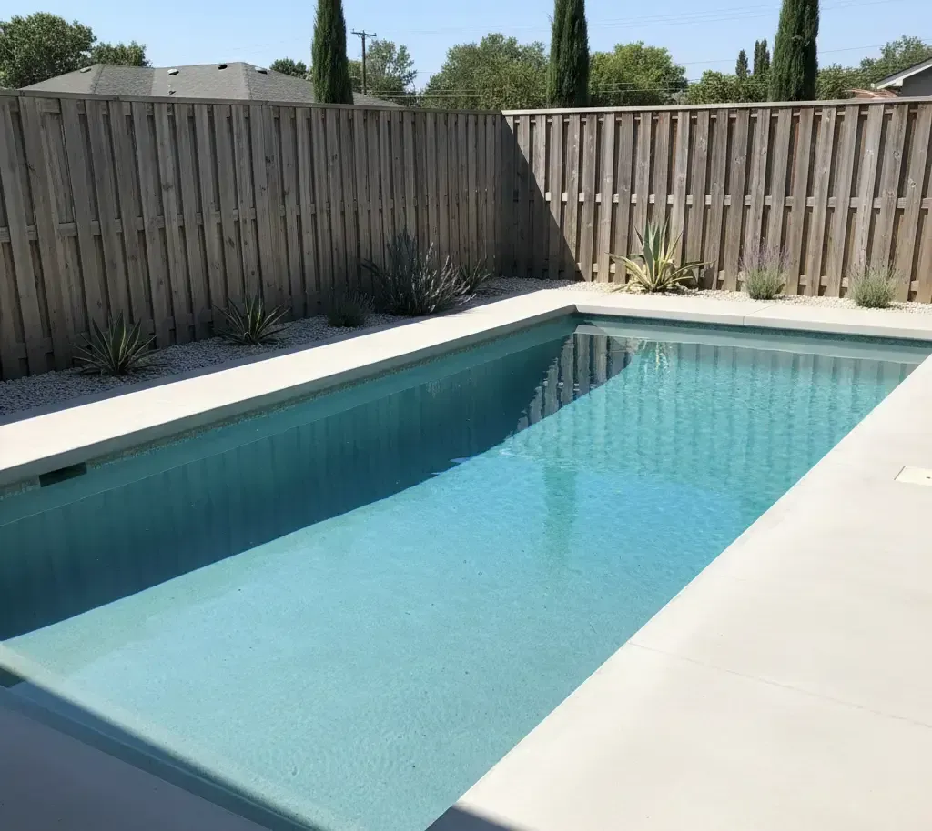 Clean modern backyard swimming pool with clear water and concrete deck, professionally maintained and ready for weekly pool service.