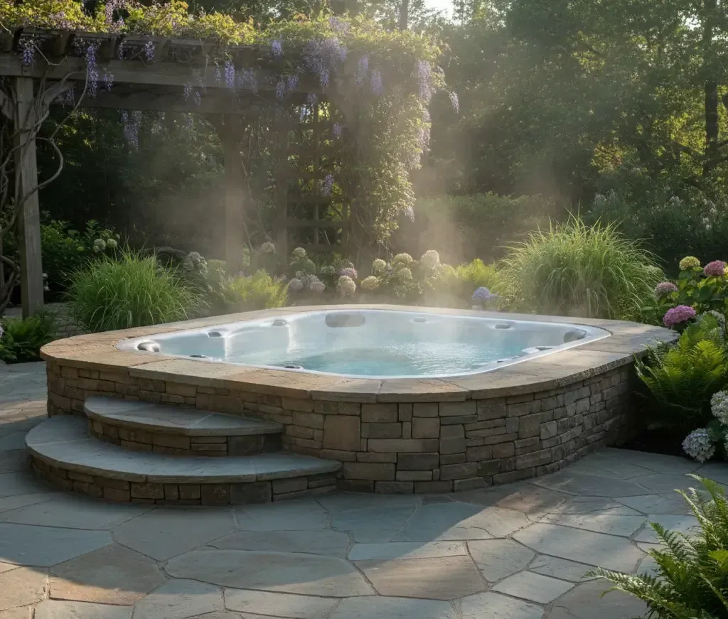 Clean backyard spa with steaming water surrounded by landscaped stone patio, professionally cleaned and maintained for relaxation.