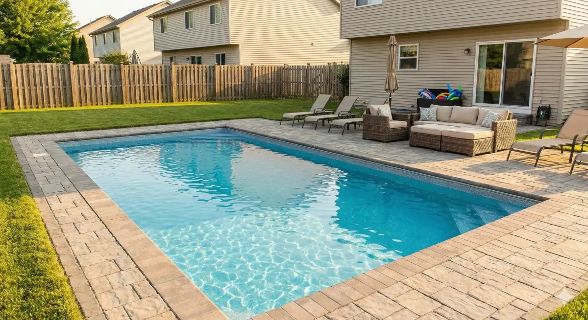 Backyard swimming pool after initial algae cleanup showing improved water clarity