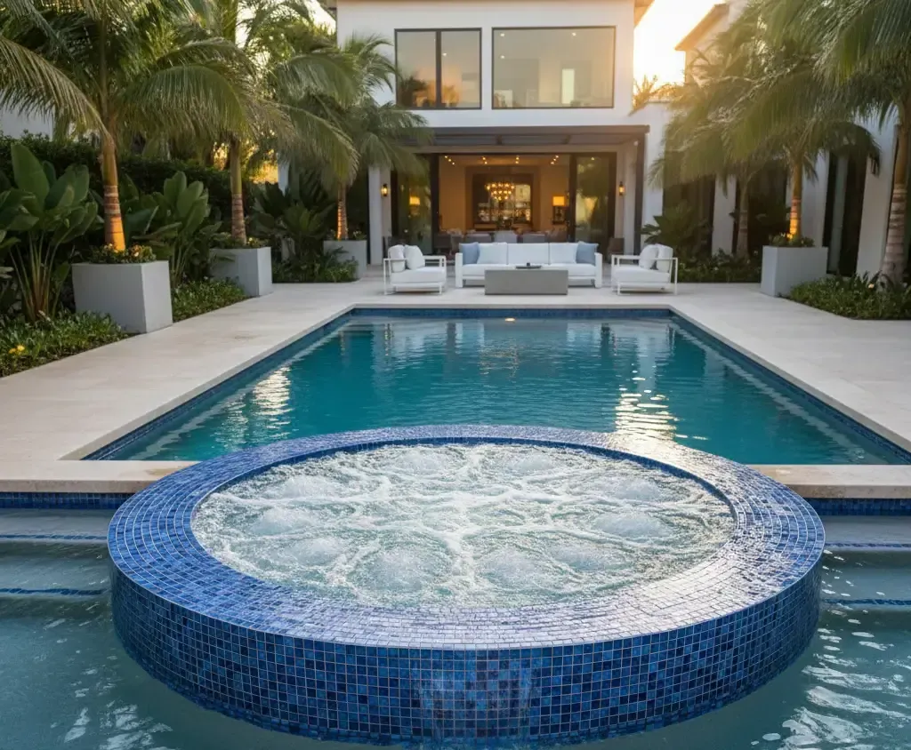 Swimming pool with clean water after filtration removes dead algae and debris