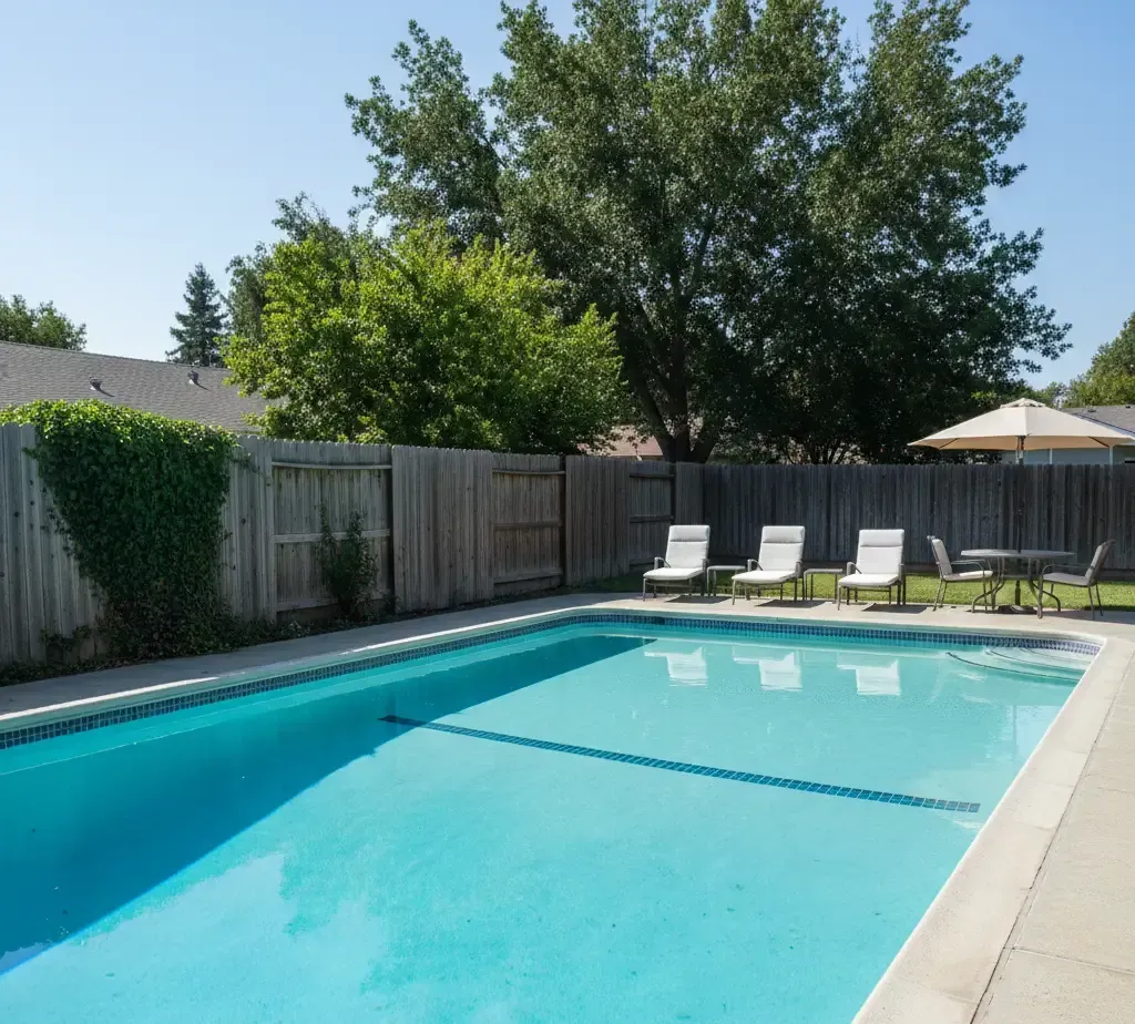 Pool cleaning tools and water test strips on a table beside a cloudy backyard swimming pool, showing pool maintenance and water chemistry testing