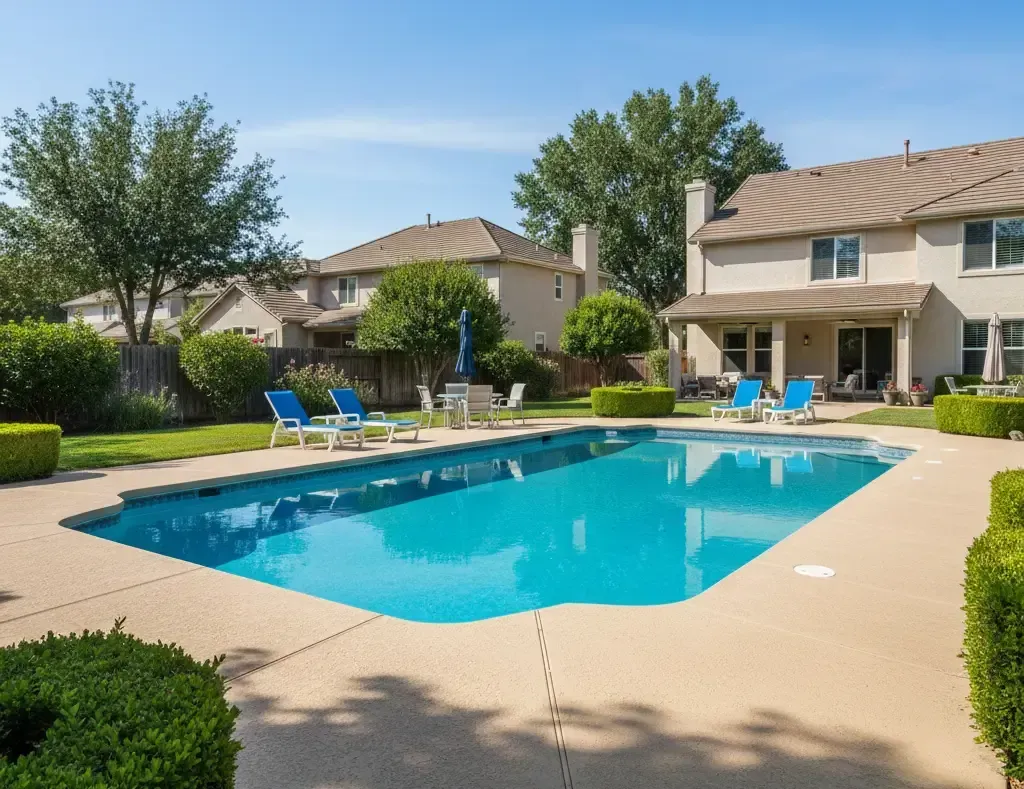 Clean pool with clear blue water in a suburban Citrus Heights neighborhood, professionally maintained and swim-ready.