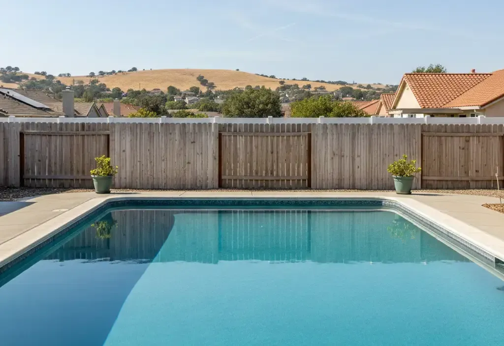 Pool cleaning tools and water test strips on a table beside a cloudy backyard swimming pool, showing pool maintenance and water chemistry testing