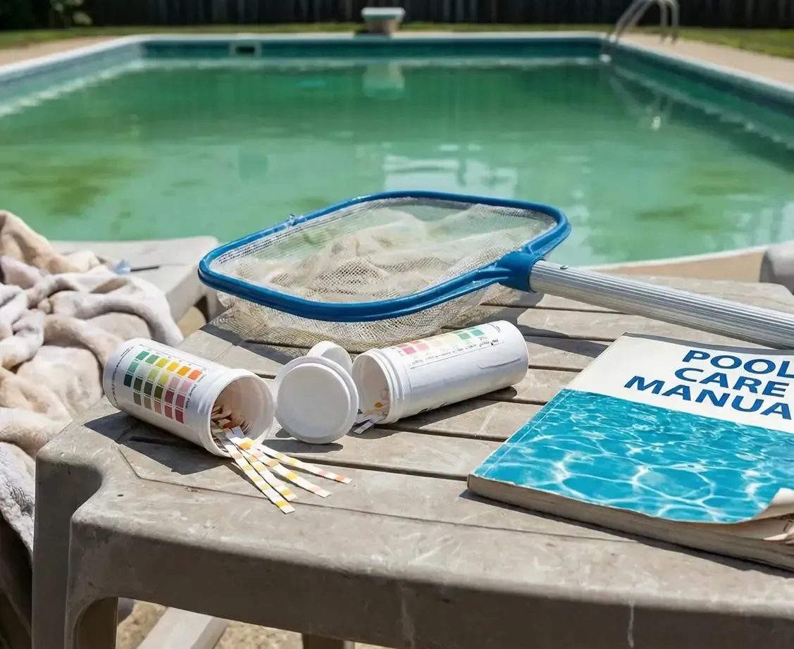 Pool cleaning tools and water test strips on a table beside a cloudy backyard swimming pool, showing pool maintenance and water chemistry testing