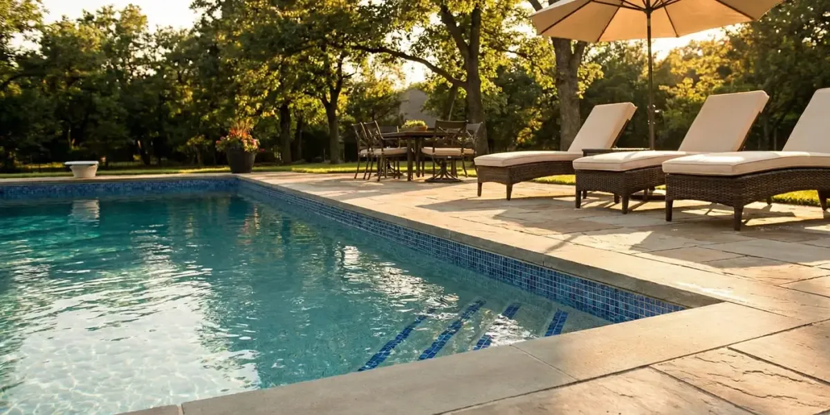 Crystal clear backyard pool with clean tile and patio furniture ready for guests