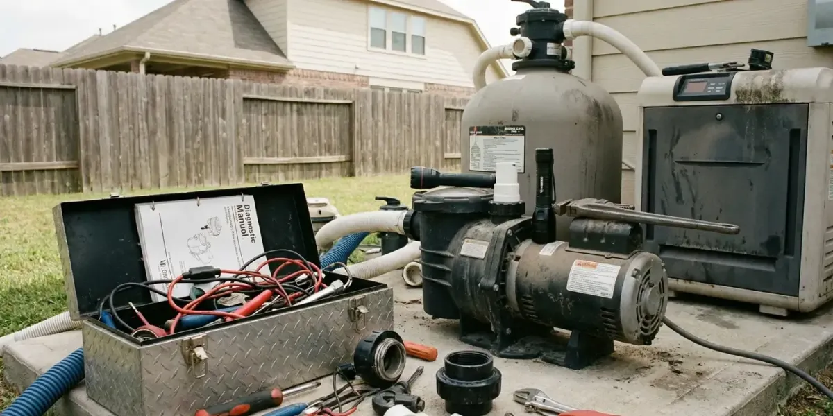 Pool pump and filter equipment with open toolbox and flashlight during maintenance inspection
