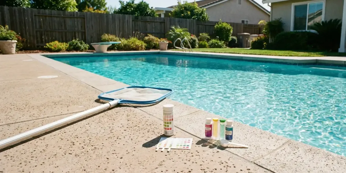 Clean backyard pool with skimmer net and chemical testing kit on deck in Citrus Heights