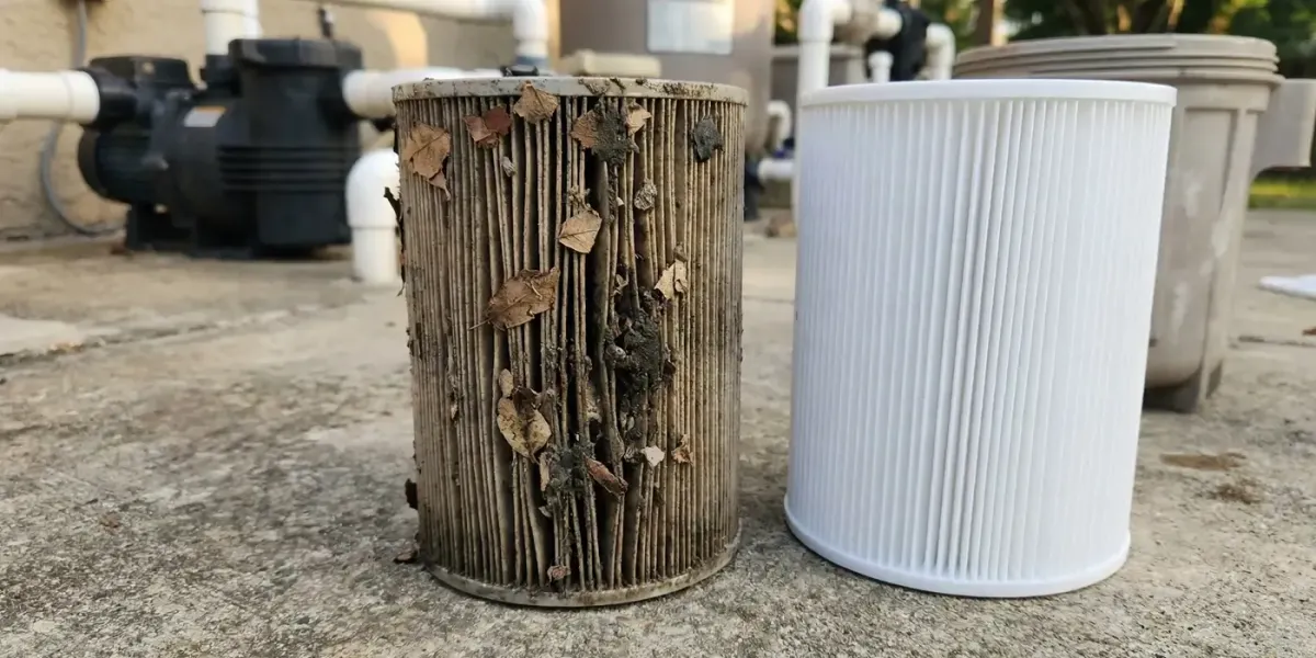 Dirty pool cartridge filter with debris buildup next to clean replacement filter on equipment pad