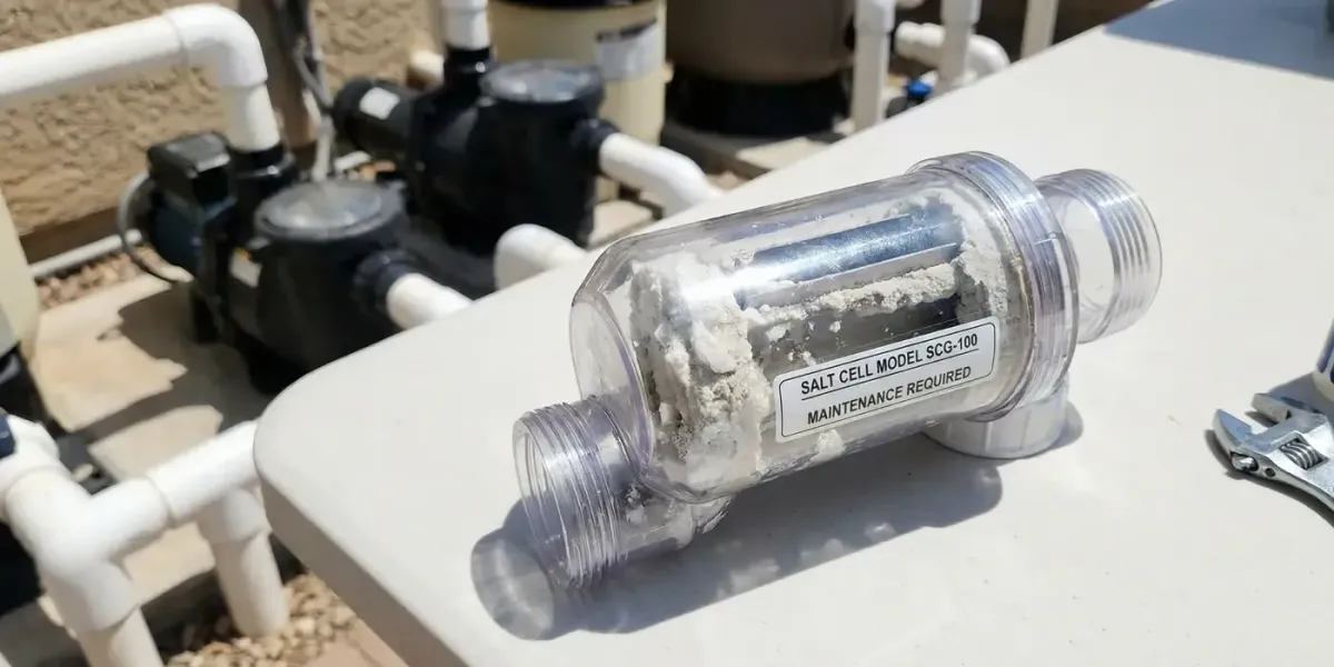 Salt chlorine generator cell with calcium deposits removed for cleaning and inspection