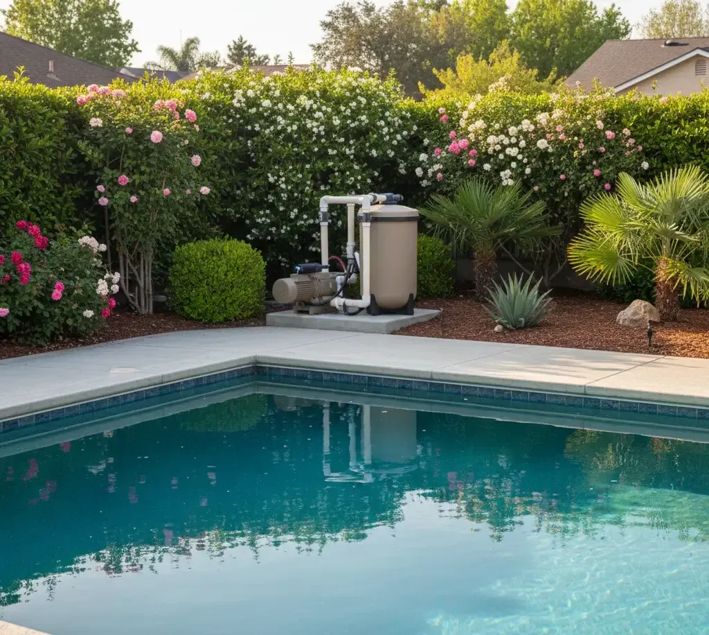 Residential pool and equipment area showing clean, properly maintained pool systems